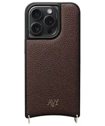 AVY Apple iPhone 14 Pro Hoesje met Koord Haakjes MagSafe Leer Chocolate afbeelding