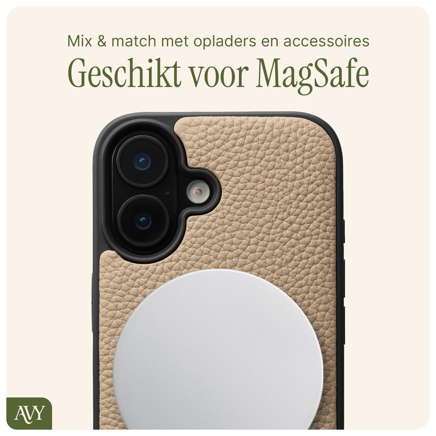 AVY Apple iPhone 16 Hoesje met Koord Haakjes MagSafe Leer Beige afbeelding 7