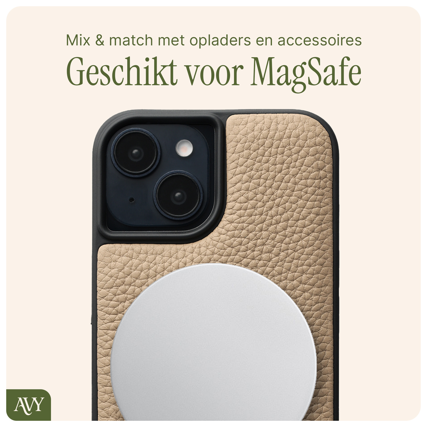 AVY Apple iPhone 14 / 13 Hoesje met Koord Haakjes MagSafe Leer Beige afbeelding 6