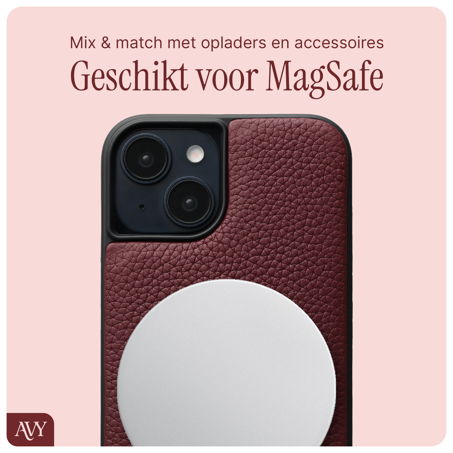 AVY Apple iPhone 14 / 13 Hoesje met Koord Haakjes MagSafe Leer Burgundy afbeelding 6
