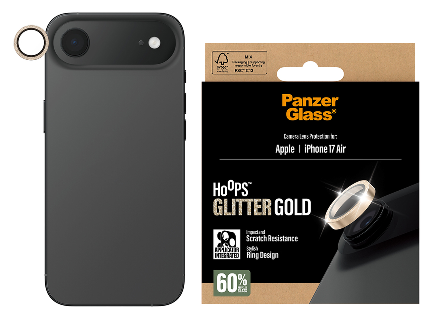 PanzerGlass Hoops Rings iPhone Air Camera Lens Protector Glas Glitter Goud afbeelding 1