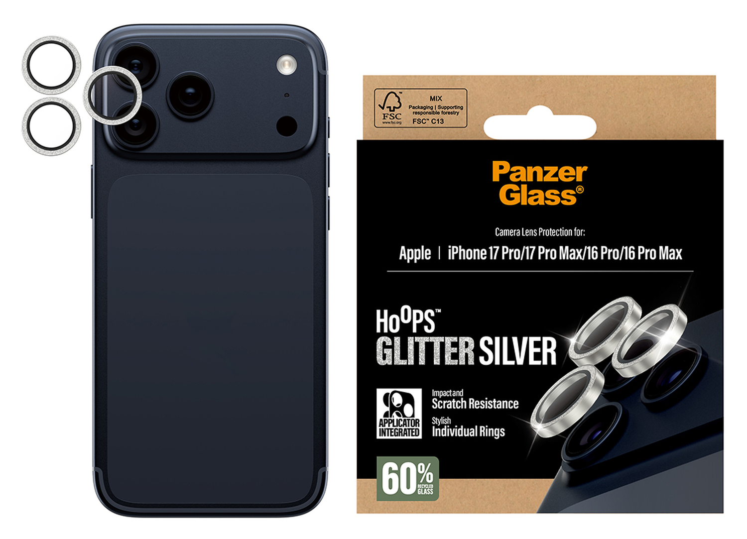 PanzerGlass Hoops Rings iPhone 17 Pro (Max) Camera Protector Glas Glitter Zilver afbeelding 1