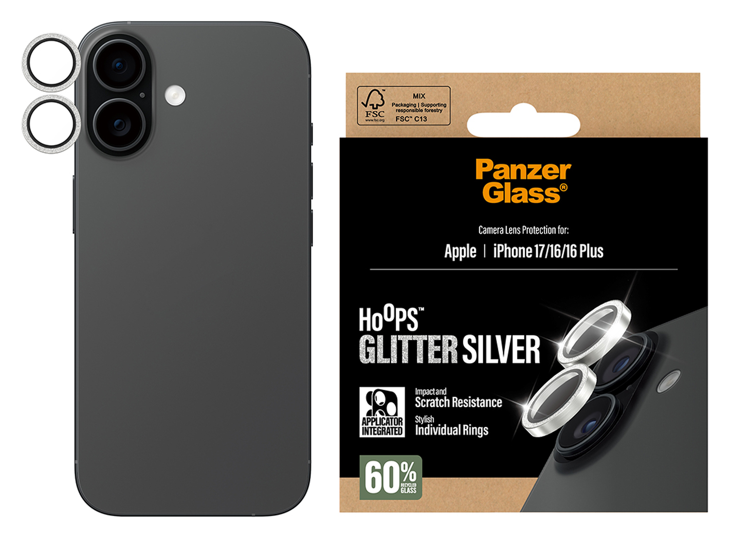 PanzerGlass Hoops Rings iPhone 17 Camera Lens Protector Glas Glitter Zilver afbeelding 4