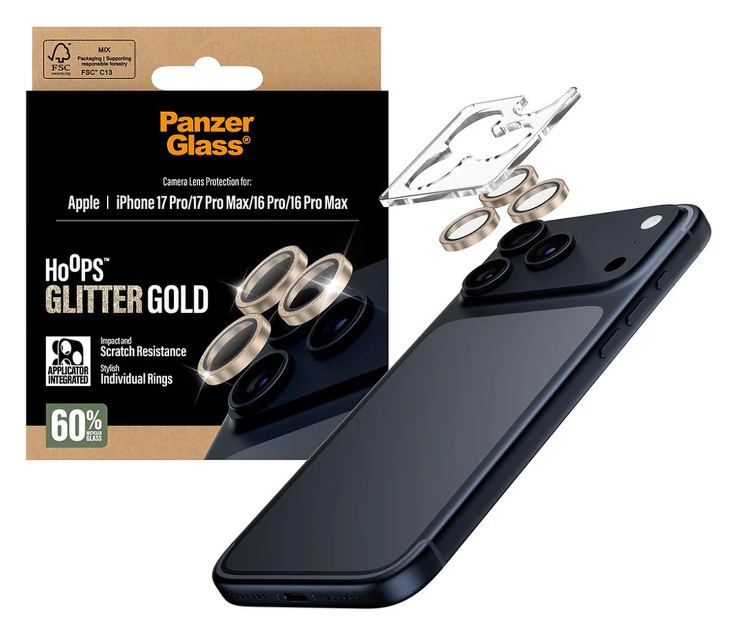 PanzerGlass Hoops Rings iPhone 17 Pro (Max) Camera Protector Glas Glitter Goud afbeelding 1