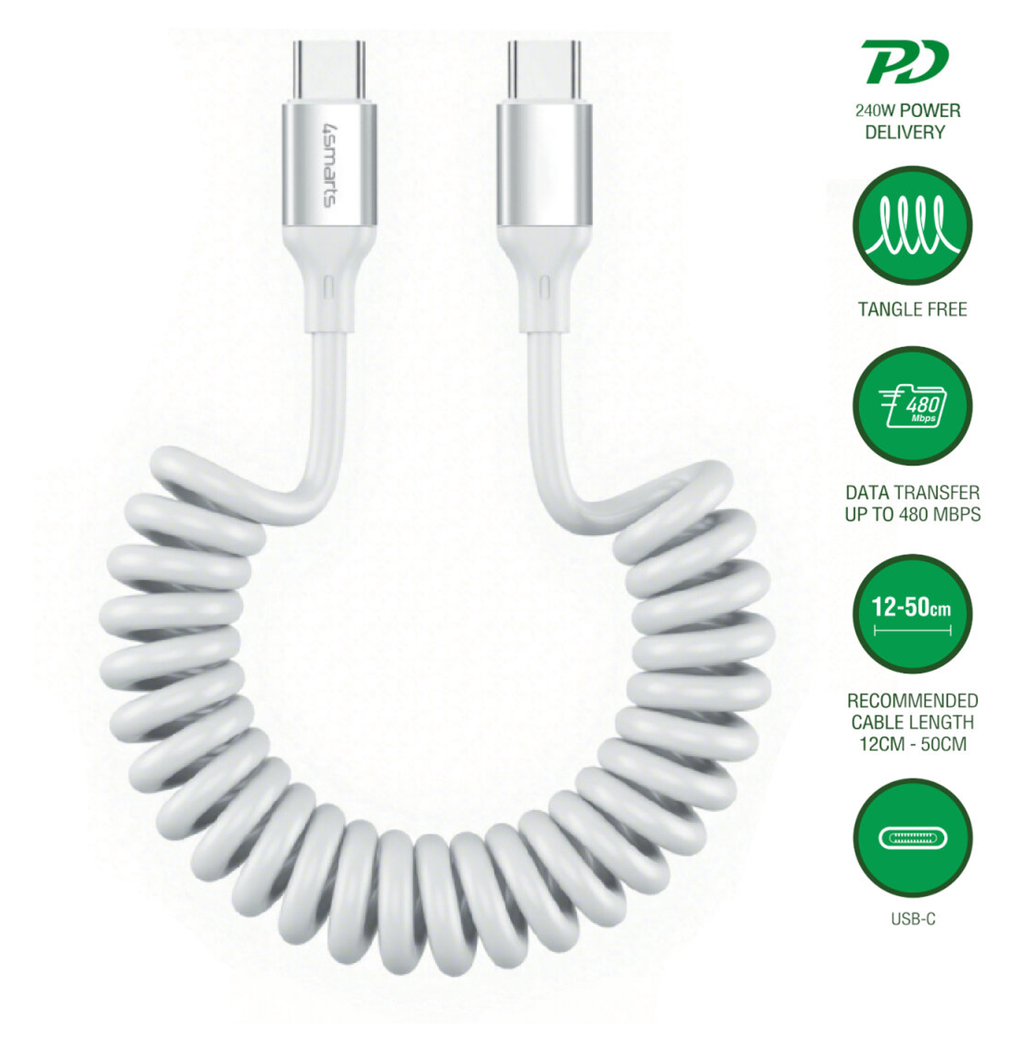 4smarts USB-C naar USB-C Krulsnoer Kabel 240W Power Delivery 50CM Wit afbeelding 2