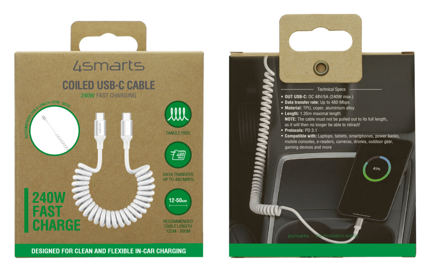 4smarts USB-C naar USB-C Krulsnoer Kabel 240W Power Delivery 50CM Wit afbeelding 8