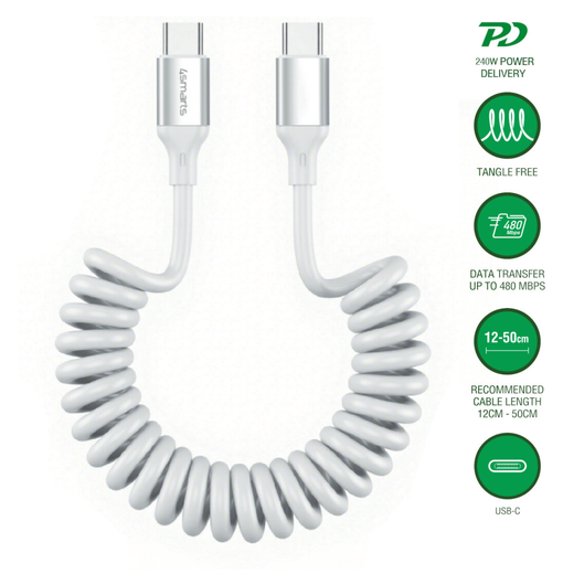 4smarts USB-C naar USB-C Krulsnoer Kabel 240W Power Delivery 50CM Wit afbeelding 2