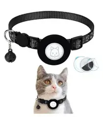 AirTag Hoesje voor Huisdieren Reflecterende Siliconen Halsband met Bel Zwart afbeelding