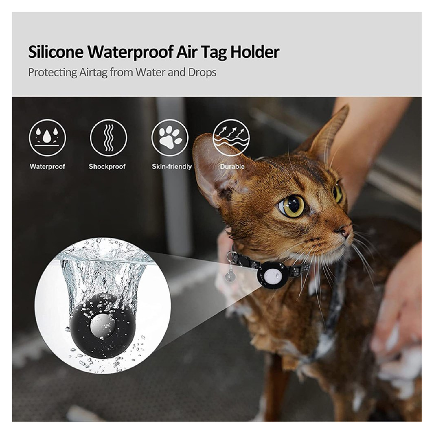 AirTag Hoesje voor Huisdieren Reflecterende Siliconen Halsband met Bel Zwart afbeelding 2