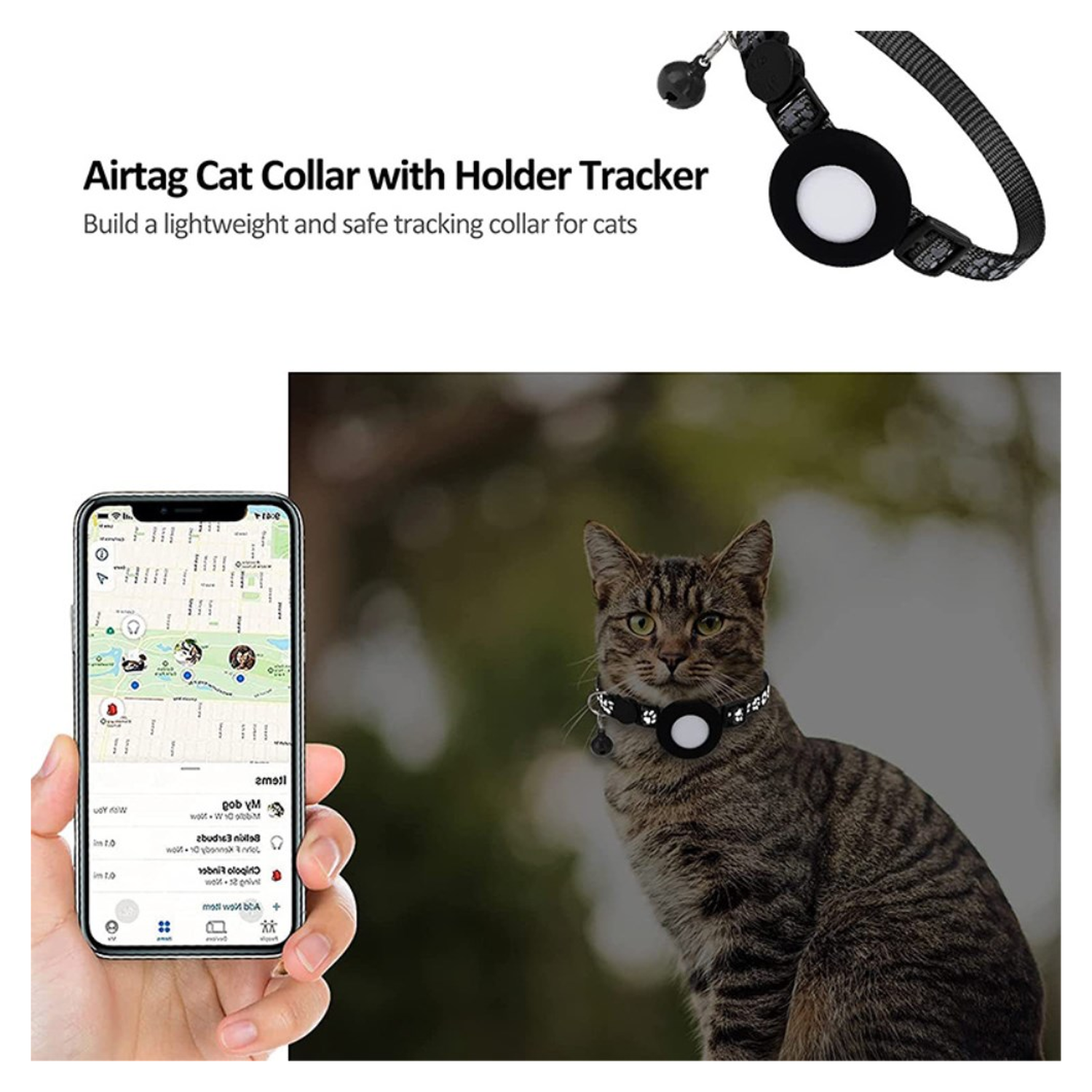 AirTag Hoesje voor Huisdieren Reflecterende Siliconen Halsband met Bel Zwart afbeelding 5