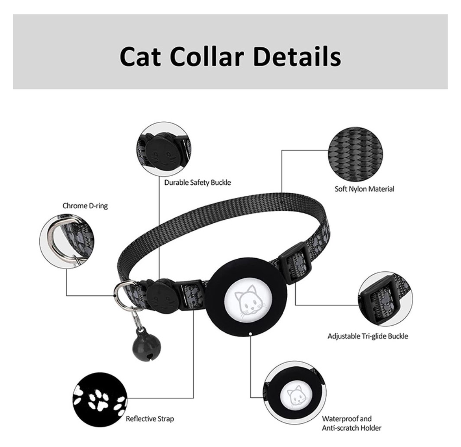 AirTag Hoesje voor Huisdieren Reflecterende Siliconen Halsband met Bel Zwart afbeelding 6