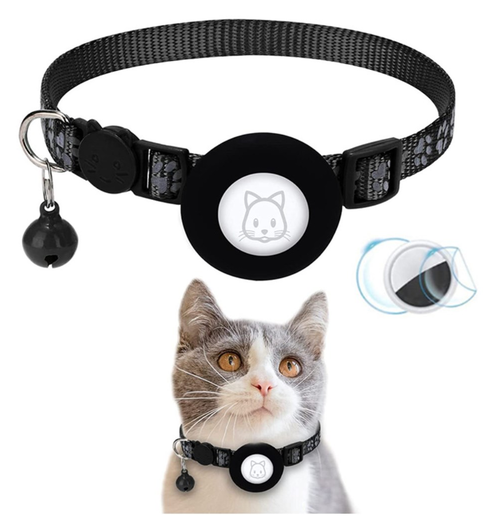 AirTag Hoesje voor Huisdieren Reflecterende Siliconen Halsband met Bel Zwart afbeelding 1