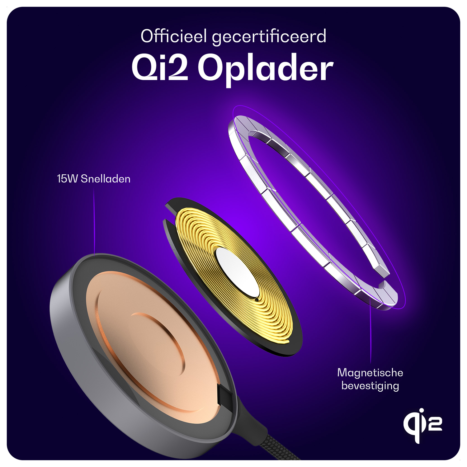 Buddi Power Qi2 Draadloze Magnetische MagSafe Oplader 15W met 1.5M Kabel Grijs afbeelding 7