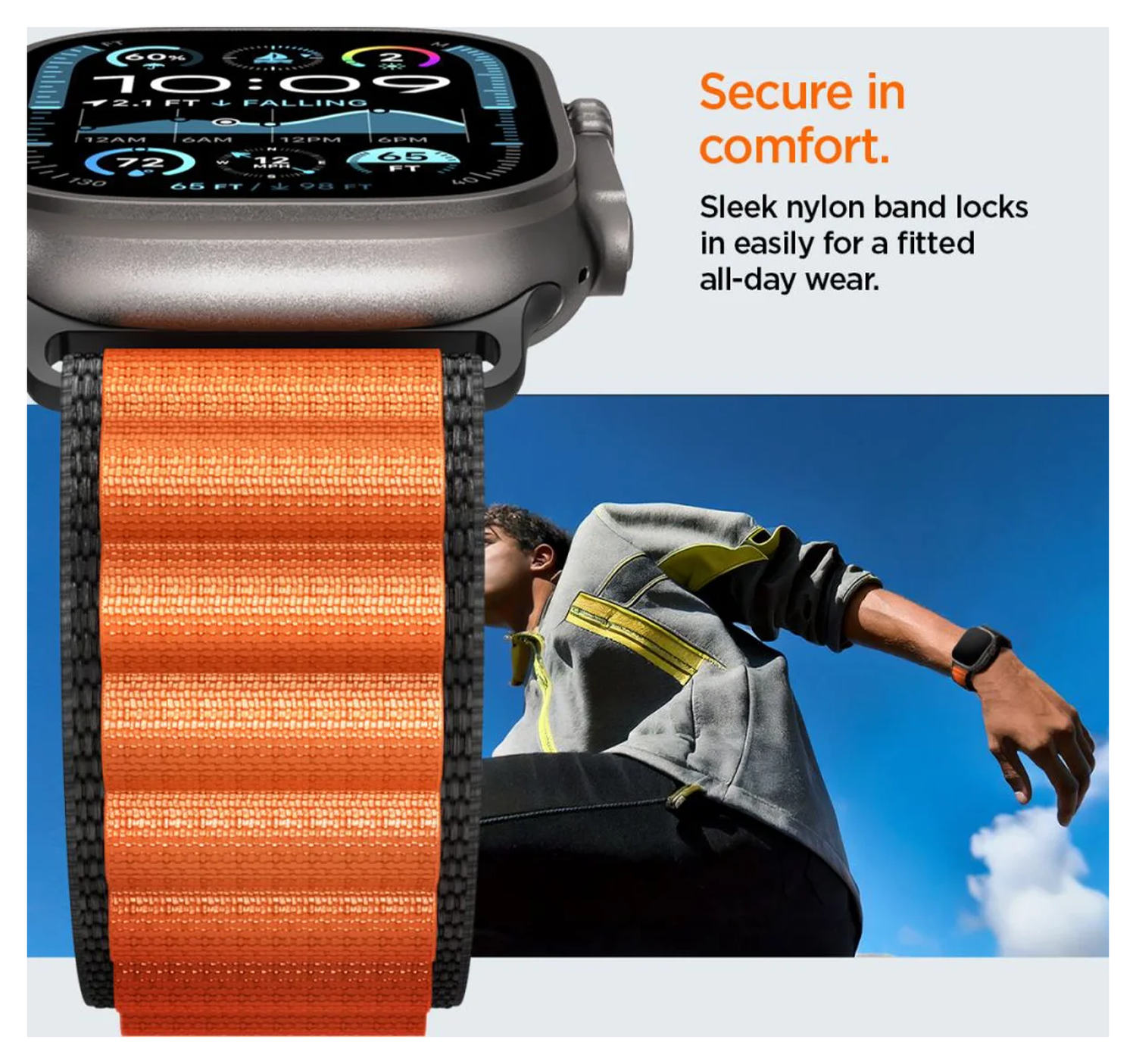 Spigen WBF1 - Apple Watch 1-11/SE/Ultra Bandje - 49/46/45/44/42MM - Zwart Oranje afbeelding 4