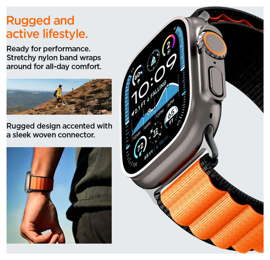 Spigen WBF1 - Apple Watch 1-11/SE/Ultra Bandje - 49/46/45/44/42MM - Zwart Oranje afbeelding 7