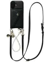 AVY Apple iPhone 16 Zwart Leren Hoesje met Wallet & Koord Leather and Pearls afbeelding