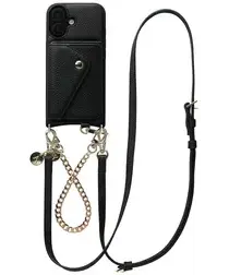 AVY Apple iPhone 16 Zwart Leren Hoesje met Wallet & Koord Leather and Gold afbeelding