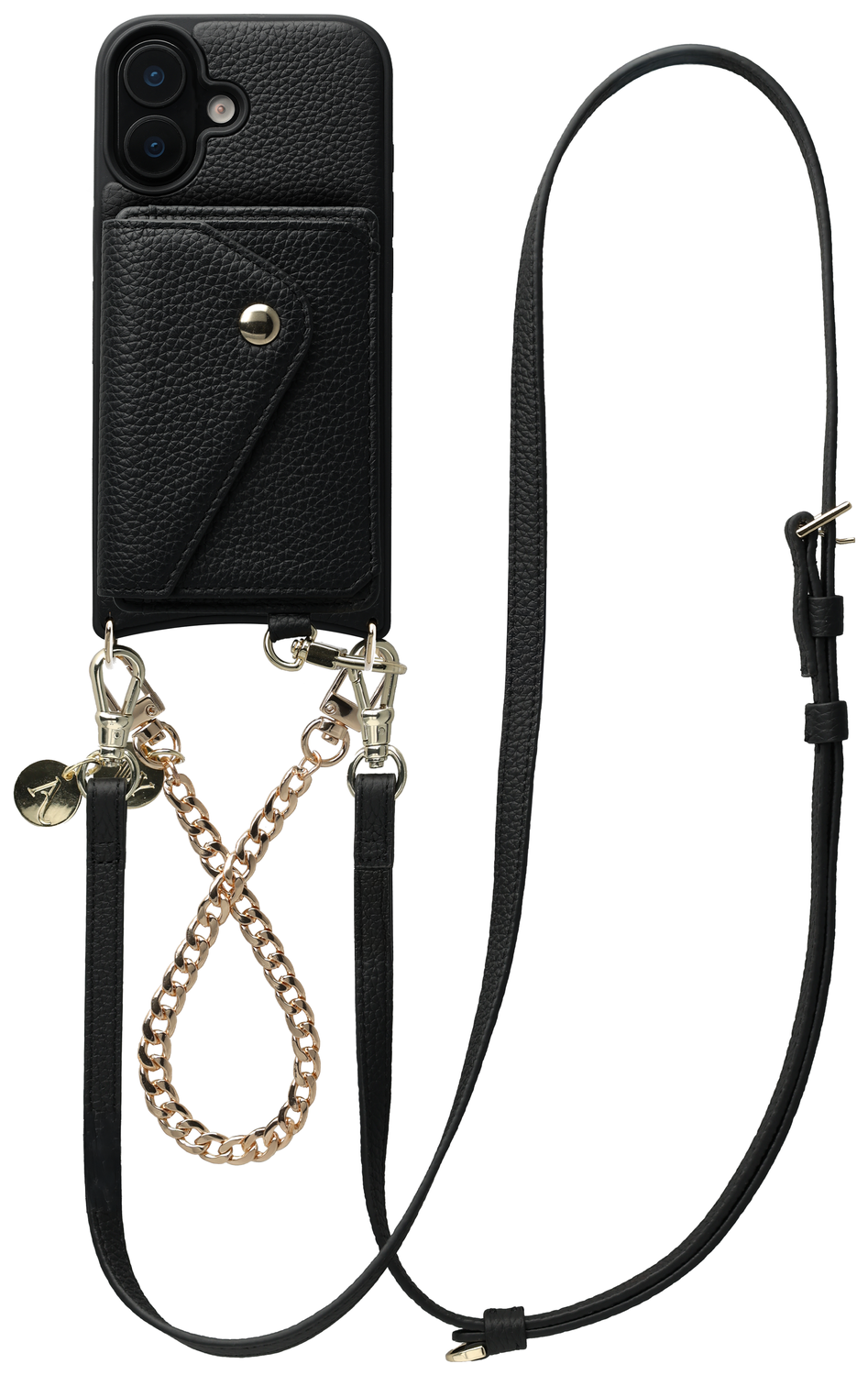 AVY Apple iPhone 16 Zwart Leren Hoesje met Wallet & Koord Leather and Gold afbeelding 1