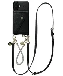 AVY Apple iPhone 16 Zwart Leren Hoesje met Wallet & Koord Leather and Silver afbeelding