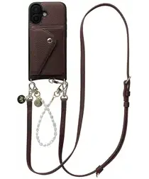 AVY Apple iPhone 16 Bruin Leren Hoesje met Wallet & Koord Leather and Pearls afbeelding