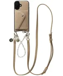 AVY Apple iPhone 16 Beige Leren Hoesje met Wallet & Koord Leather and Pearls afbeelding