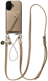 AVY Apple iPhone 16 Beige Leren Hoesje met Wallet & Koord Leather and Pearls afbeelding