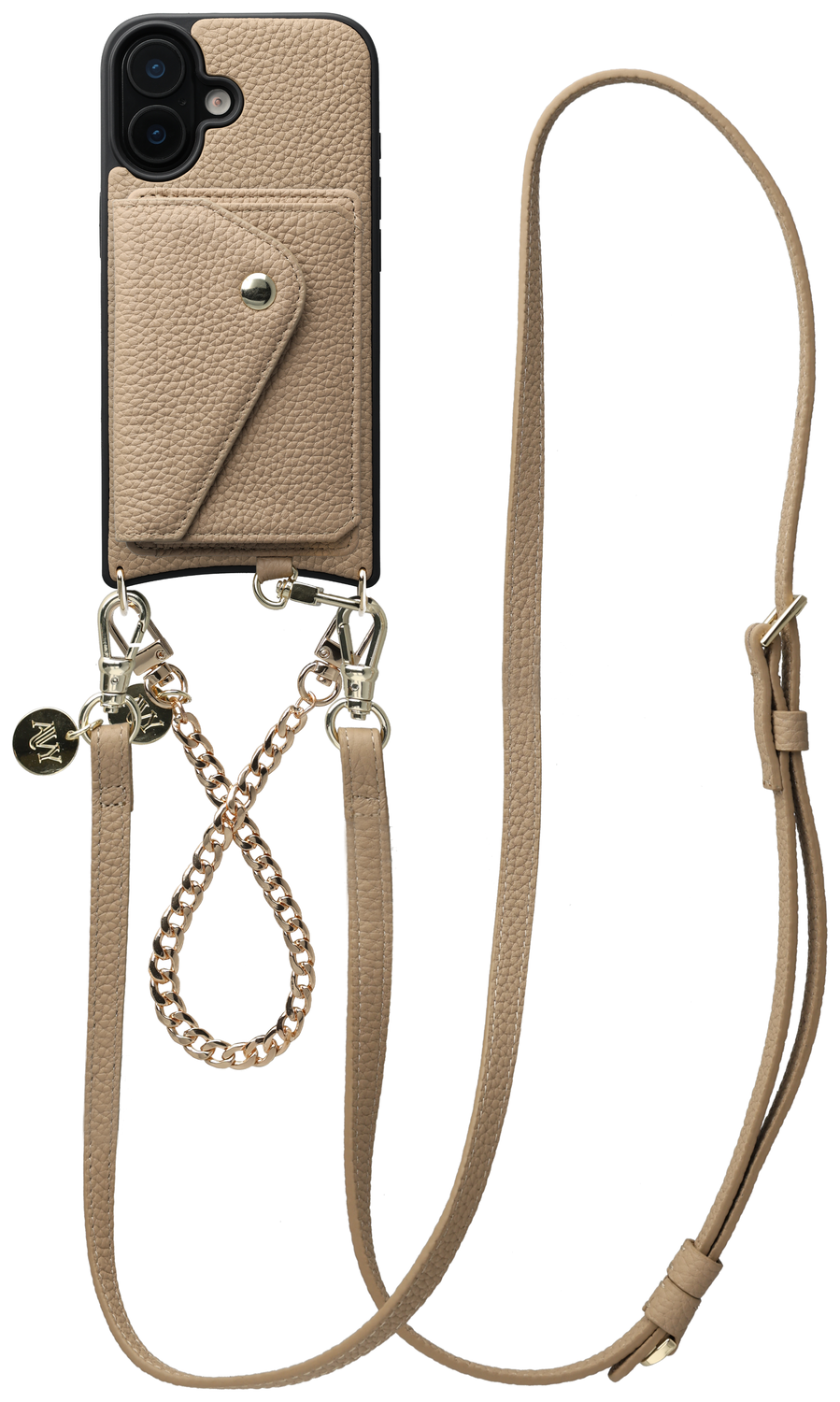 AVY Apple iPhone 16 Beige Leren Hoesje met Wallet & Koord Leather and Gold afbeelding 1