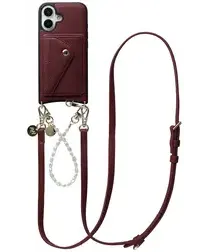 AVY Apple iPhone 16 Burgundy Leren Hoesje met Wallet & Koord Leather and Pearls afbeelding