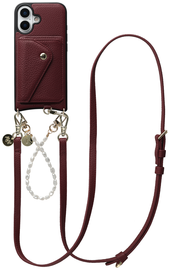 AVY Apple iPhone 16 Burgundy Leren Hoesje met Wallet & Koord Leather and Pearls afbeelding