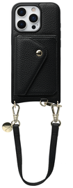 AVY Apple iPhone 16 Pro Zwart Leren Hoesje met Wallet & Koord Short Leather afbeelding