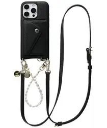 AVY Apple iPhone 16 Pro Zwart Leren Hoesje met Wallet & Koord Leather and Pearls afbeelding