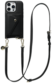AVY Apple iPhone 16 Pro Max Zwart Leren Hoesje met Wallet & Koord Long Leather