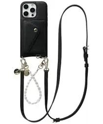 AVY Apple iPhone 16 Pro Max Zwart Leren Hoesje Wallet & Koord Leather and Pearls afbeelding