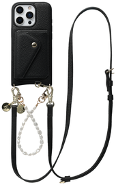 AVY Apple iPhone 16 Pro Max Zwart Leren Hoesje Wallet & Koord Leather and Pearls afbeelding