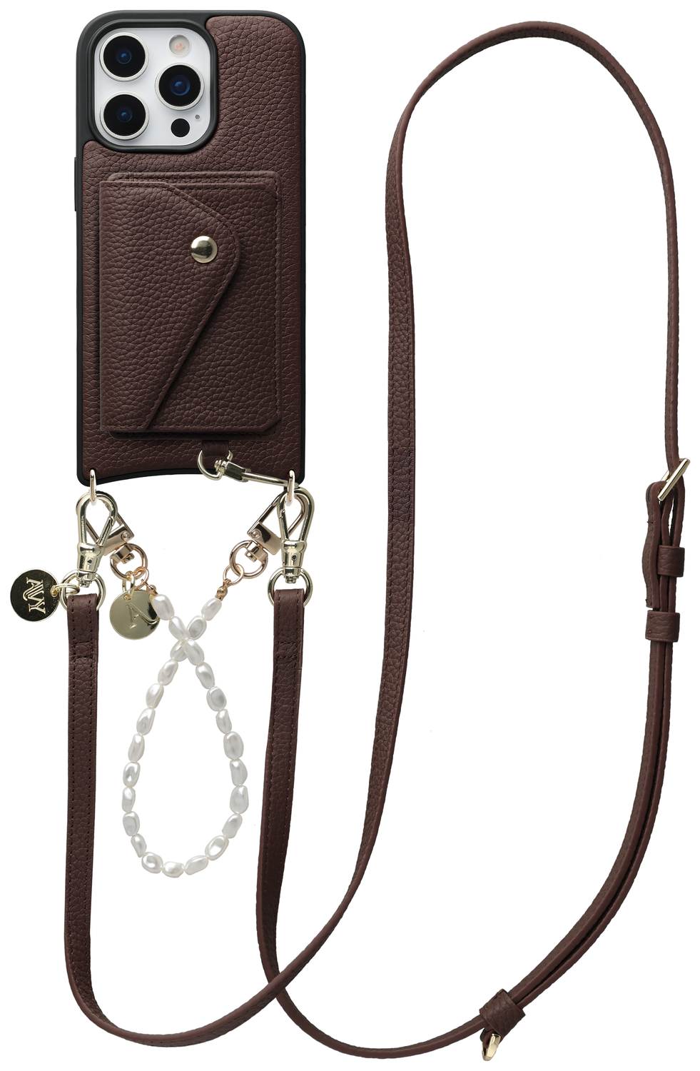 AVY Apple iPhone 16 Pro Max Bruin Leren Hoesje Wallet & Koord Leather and Pearls afbeelding 1