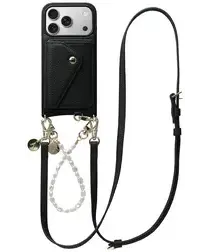 AVY Apple iPhone 17 Pro Zwart Leren Hoesje met Wallet & Koord Leather and Pearls afbeelding