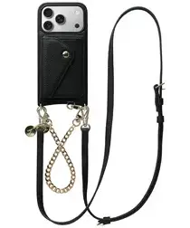 AVY Apple iPhone 17 Pro Zwart Leren Hoesje met Wallet & Koord Leather and Gold afbeelding