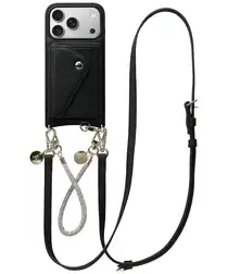 AVY Apple iPhone 17 Pro Zwart Leren Hoesje met Wallet & Koord Leather and Silver afbeelding