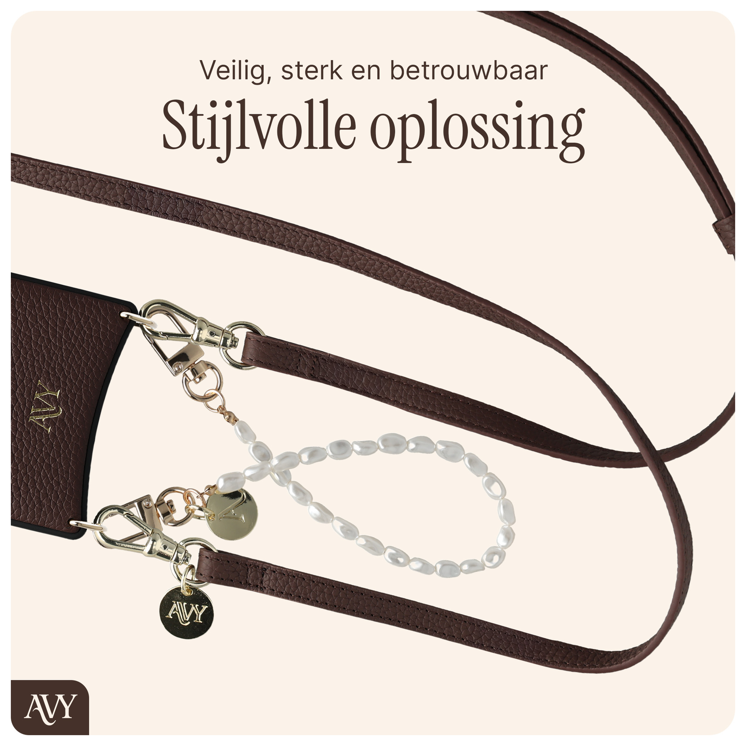 AVY Apple iPhone 17 Pro Bruin Leren Hoesje met Wallet & Koord Leather and Pearls afbeelding 10