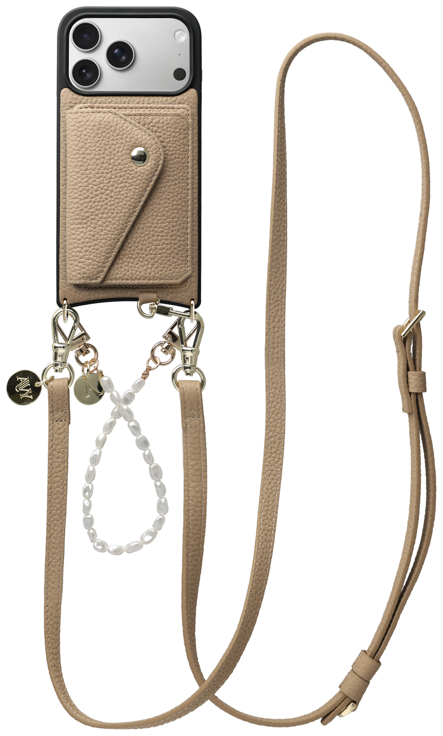 AVY Apple iPhone 17 Pro Beige Leren Hoesje met Wallet & Koord Leather and Pearls afbeelding 1