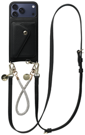 AVY Apple iPhone 17 Pro Max Zwart Leren Hoesje Wallet & Koord Leather and Silver