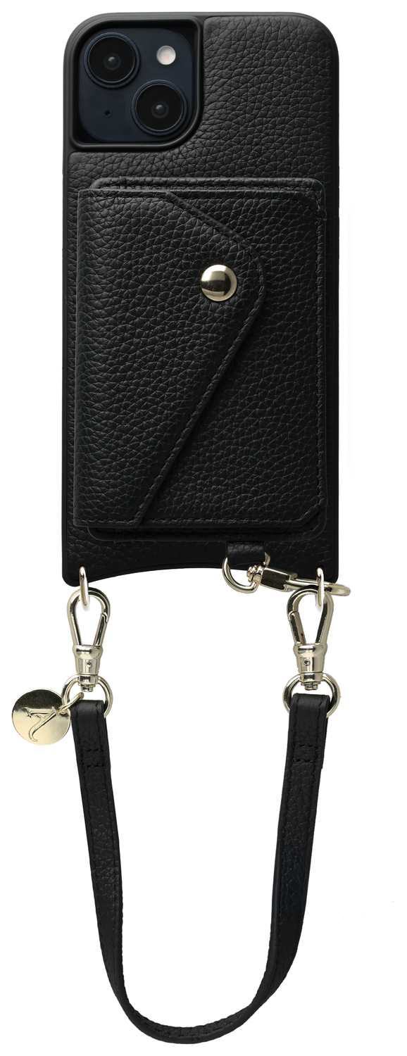 AVY Apple iPhone 15 Zwart Leren Hoesje met Wallet & Koord Short Leather afbeelding 1