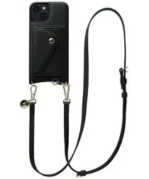 AVY Apple iPhone 15 Zwart Leren Hoesje met Wallet & Koord Long Leather afbeelding