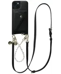 AVY Apple iPhone 15 Zwart Leren Hoesje met Wallet & Koord Leather and Pearls afbeelding