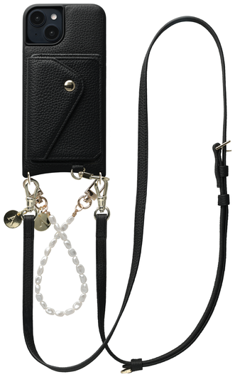 AVY Apple iPhone 15 Zwart Leren Hoesje met Wallet & Koord Leather and Pearls afbeelding 1