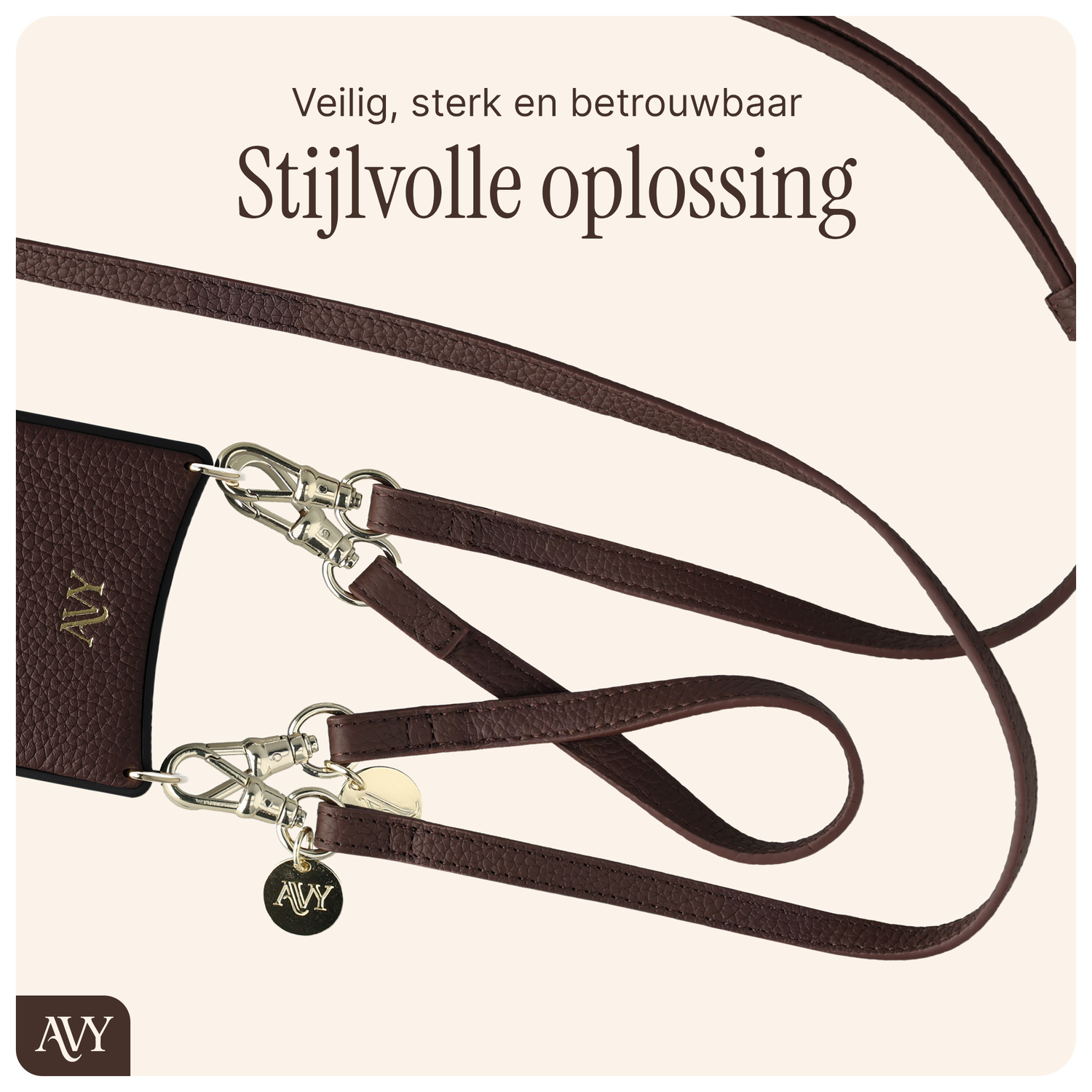 AVY Apple iPhone 15 Bruin Leren Hoesje met Wallet & Koord Leather Set afbeelding 9