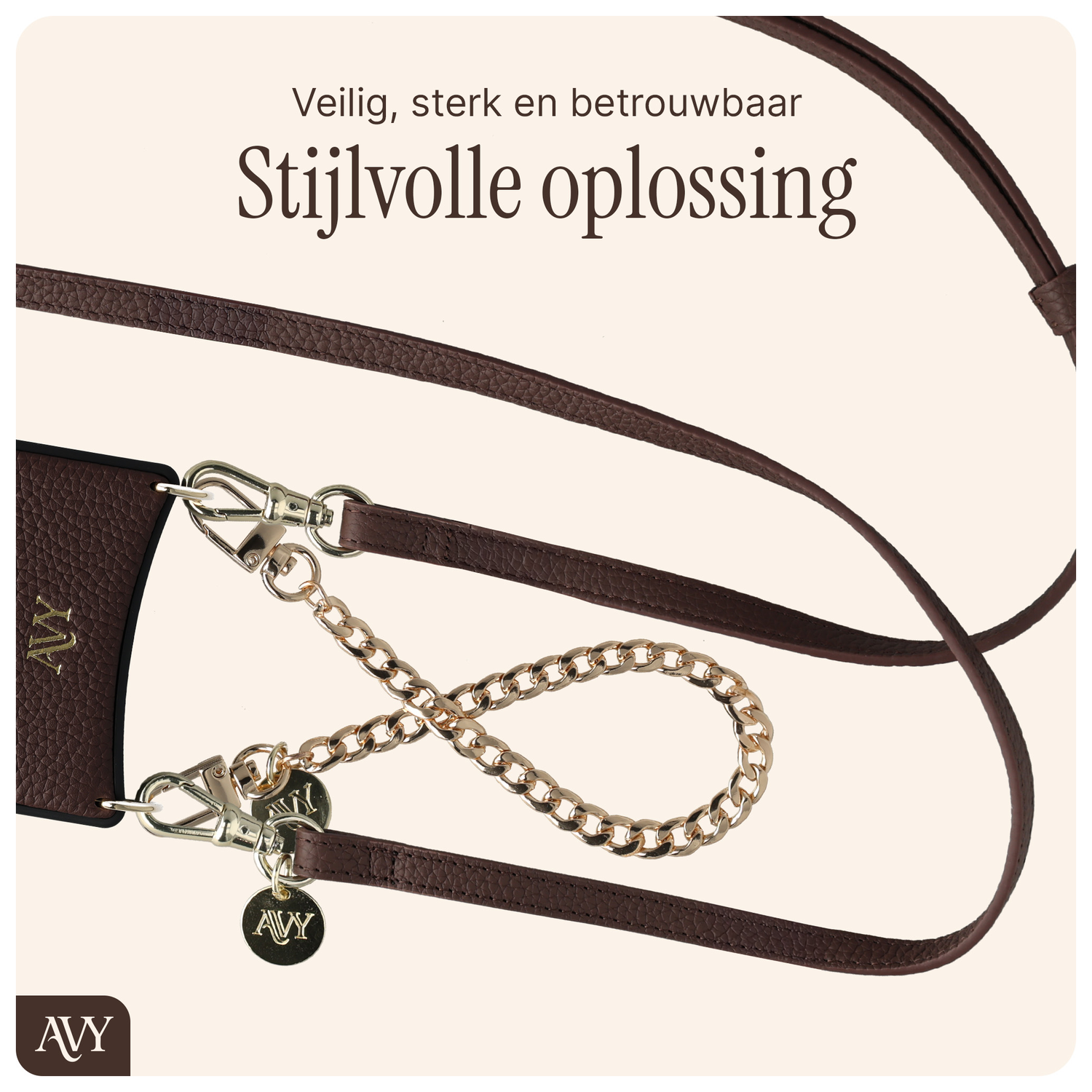 AVY Apple iPhone 15 Bruin Leren Hoesje met Wallet & Koord Leather and Gold afbeelding 9
