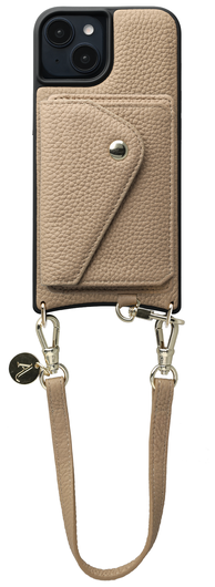 AVY Apple iPhone 15 Beige Leren Hoesje met Wallet & Koord Short Leather afbeelding 1