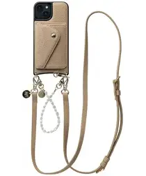 AVY Apple iPhone 15 Beige Leren Hoesje met Wallet & Koord Leather and Pearls afbeelding