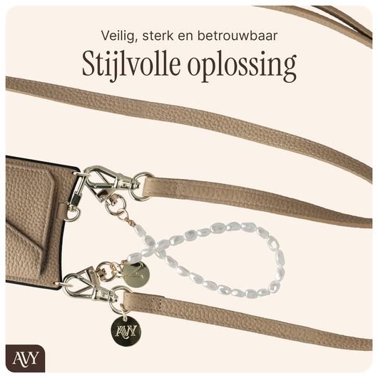 AVY Apple iPhone 15 Beige Leren Hoesje met Wallet & Koord Leather and Pearls afbeelding 9